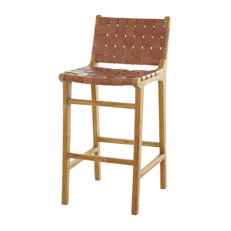 Markus Teak Wood Woven Leather Seat and Back Bar Stool with Beam Footrest